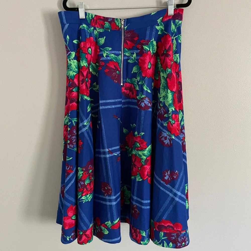 Plenty by Tracy Reese Full Circle Skirt Blue Red Windowpane Floral Midi 12 ‎ NWT